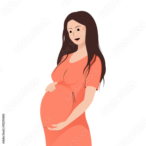 Pregnant woman in orange dress tenderly holds her belly with a happy smile