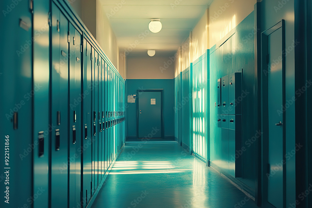 Cinematic Wide-Angle View of a School Hallway with Blue and Teal Lockers, Enhanced by Warm Lighting and Modern Design Features. Cinematic Wide-Angle View of a School Hallway with Blue and Teal Lockers, Enhanced by Warm Lighting and Modern Design Features.