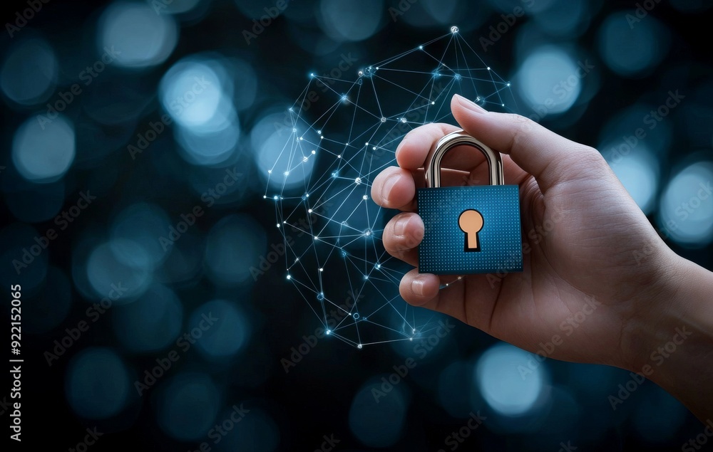 Hand Holding Padlock Icon with Digital Security Symbols, Blue Background, Data Protection Concept Hand Holding Padlock Icon with Digital Security Symbols, Blue Background, Data Protection Concept