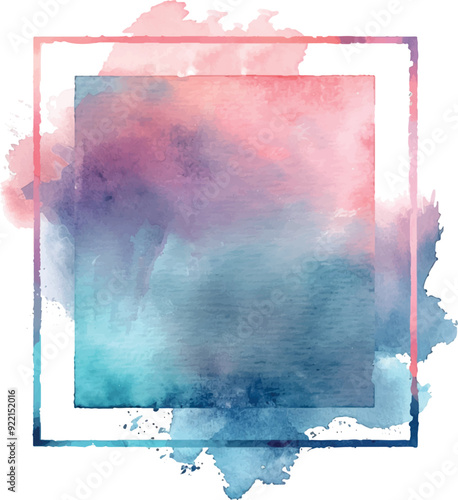 watercolor square rectangle background with brushstrokes and splashes, blue and pink	
