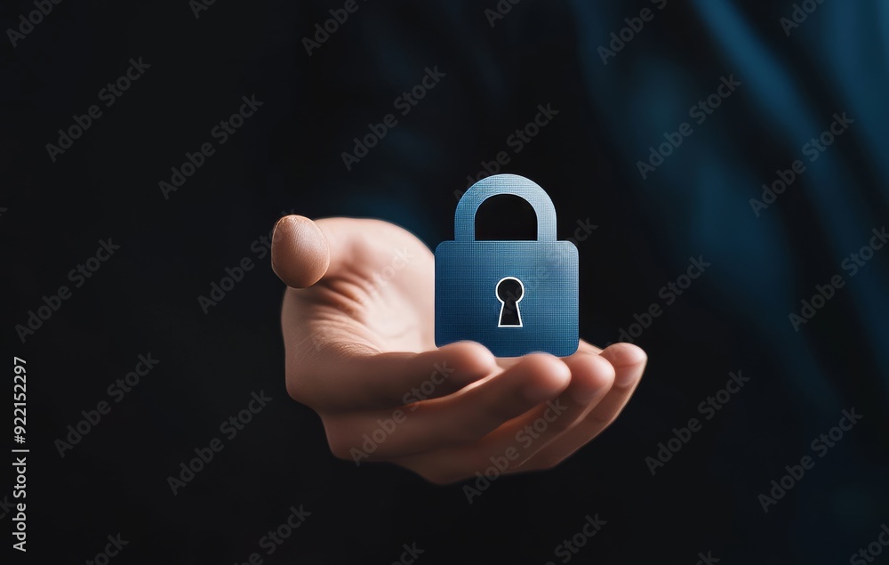 Hand Holding Padlock Icon with Digital Security Symbols, Blue Background, Data Protection Concept Hand Holding Padlock Icon with Digital Security Symbols, Blue Background, Data Protection Concept