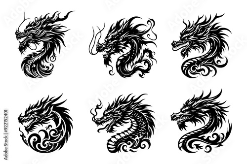 Dragon head set black silhouette vector illustration isolated on transparent background- Generative AI photo