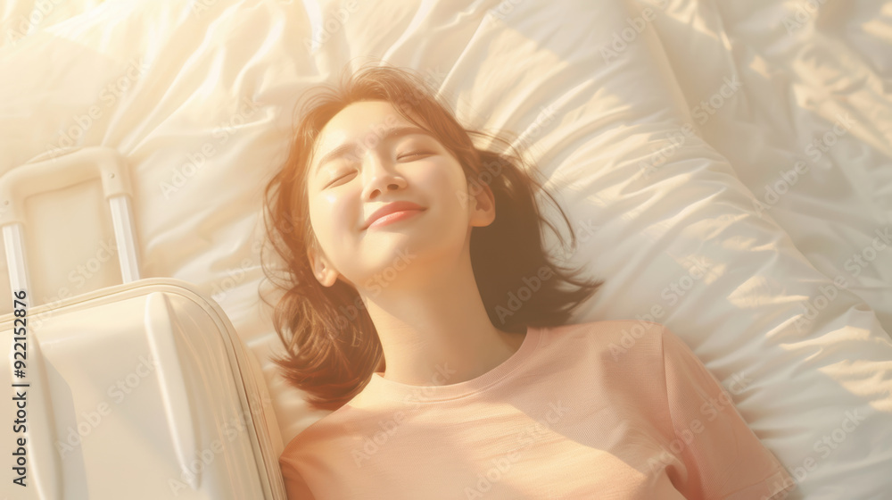 Young woman relaxing with suitcase and sunshine, enjoying peaceful rest on a bed in warm sunlight. Young woman relaxing with suitcase and sunshine, enjoying peaceful rest on a bed in warm sunlight.
