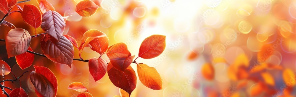Close-up of vibrant red and orange leaves on a branch with a blurred background of golden light. Close-up of vibrant red and orange leaves on a branch with a blurred background of golden light.