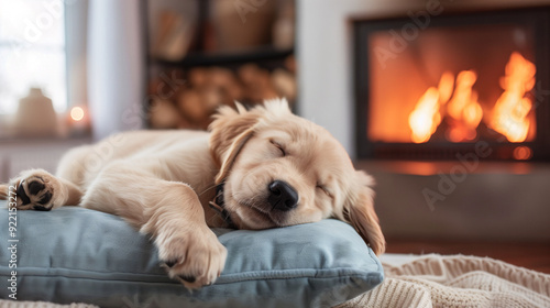 Wallpaper Mural A white Golden Retriever dog sleep happily on a comfortable mattress in a cozy living room with a fireplace in warm atmosphere. Torontodigital.ca