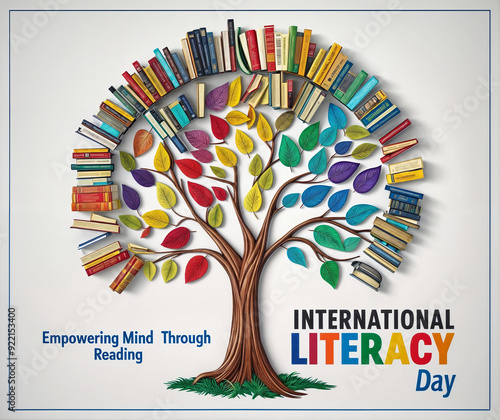 A vibrant tree composed of books of various colors and sizes, with the text word phrase 