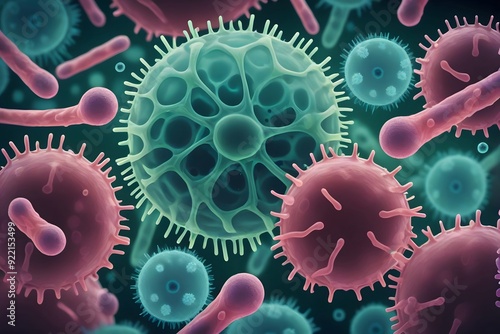 Microscopic image of various bacteria and viruses.