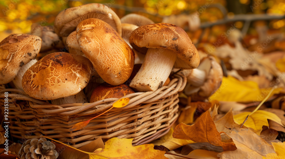 A woven basket full of mushrooms in a Autumn forest, surrounding by dry leaves in orange color tone. A woven basket full of mushrooms in a Autumn forest, surrounding by dry leaves in orange color tone.