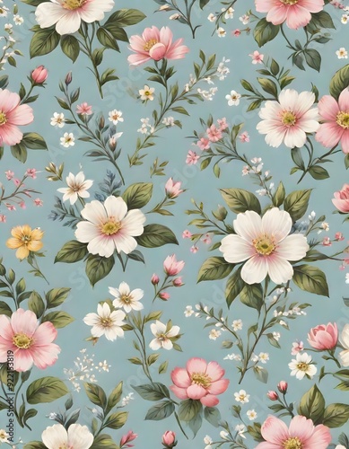 Elegant ditsy floral pattern on a dark background featuring detailed flowers and leaves in soft colors, perfect for fabric designs and wallpapers, Generative AI.