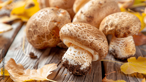 A lot of mushrooms are placed on a wooden table with dry autumn leaves yellow color tone.