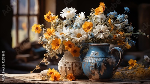 Wild flowers in an old jug on a rustic table.