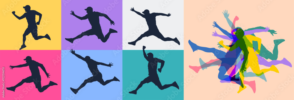 Set of black silhouettes of jumping, joyful, carefree, attractive, shiny, modern, young people in different moods, flying in the air. Vector travel sale summer concept illustration. Set of black silhouettes of jumping, joyful, carefree, attractive, shiny, modern, young people in different moods, flying in the air. Vector travel sale summer concept illustration.