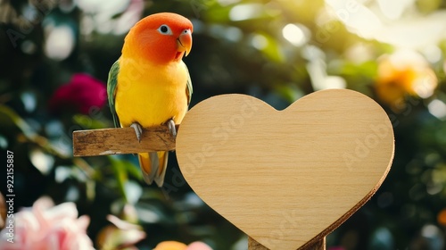 Blank Heart-shaped store signage design mockup isolated, Wood Banner-stand Carnival with Lovebird on Wildlife background photo