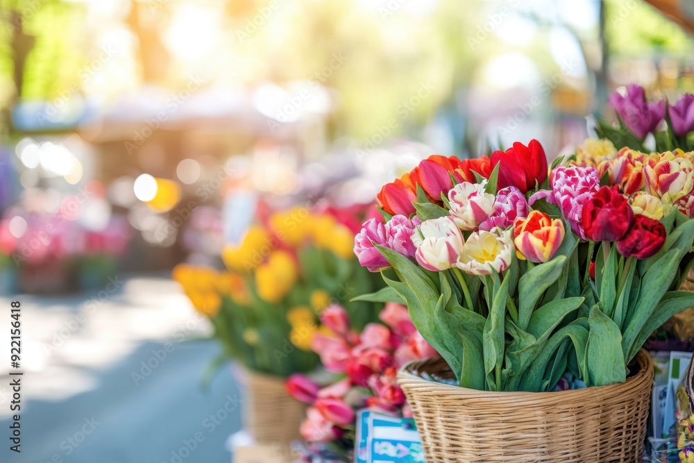 Vibrant tulips in basket at outdoor market Vibrant tulips in basket at outdoor market