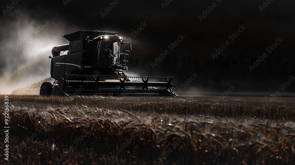 Fototapeta premium A tractor running through a wheat field to harvesting in Autumn season, black color tone.