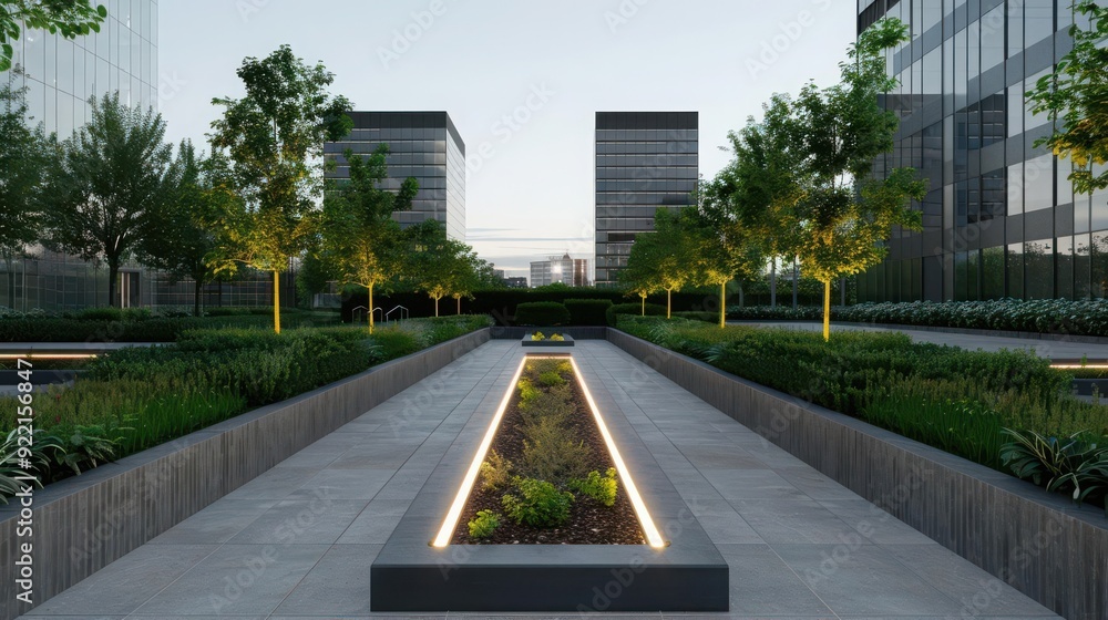Obraz premium Sustainable urban infrastructure with radiant lighting systems, growing eco-design, Eco-friendly project, Greenery Overgrown Leafy