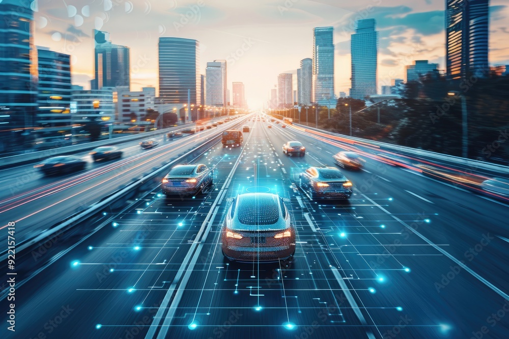 Autonomous Car Navigating City Traffic at Night. Generated AI Autonomous Car Navigating City Traffic at Night. Generated AI