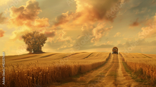 A tractor running through a golden field during the harvest season in Autumn, dawn sky. photo