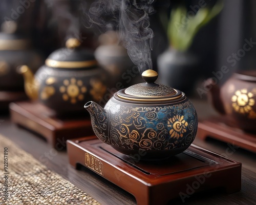 Tea ceremonies, traditional rituals, vibrant teapots, cultural heritage photo