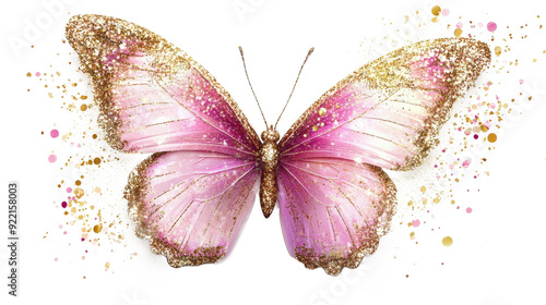 A stunning, pink and gold butterfly with glitter accents spreads its wings against a clean white background, creating an enchanting and whimsical visual effect.