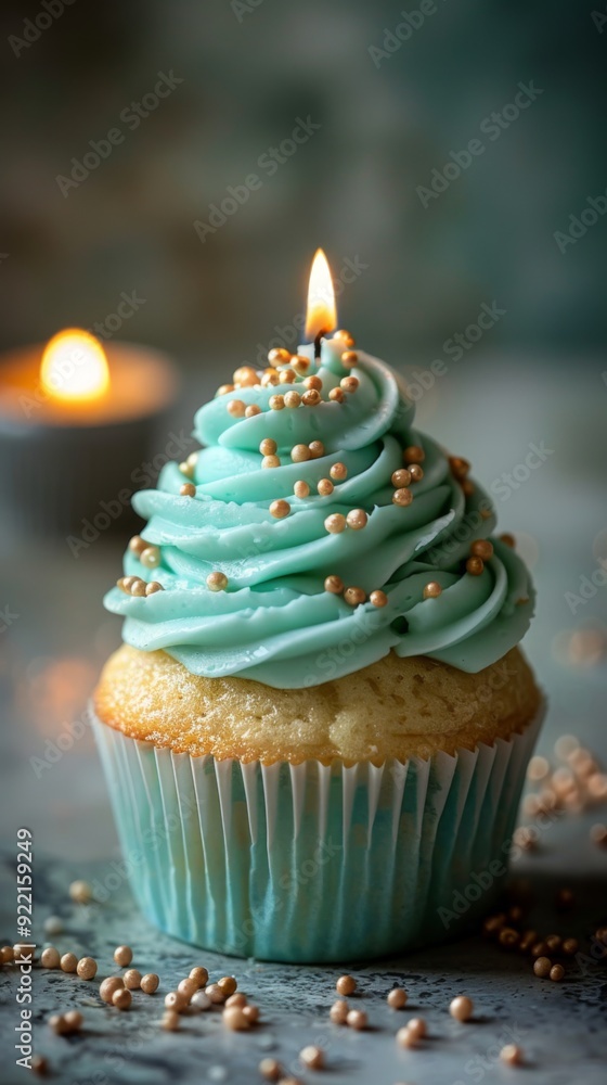 Cupcake with turquoise cream and a burning candle on a white table against a light background, space for text. Birthday celebration Cupcake with turquoise cream and a burning candle on a white table against a light background, space for text. Birthday celebration