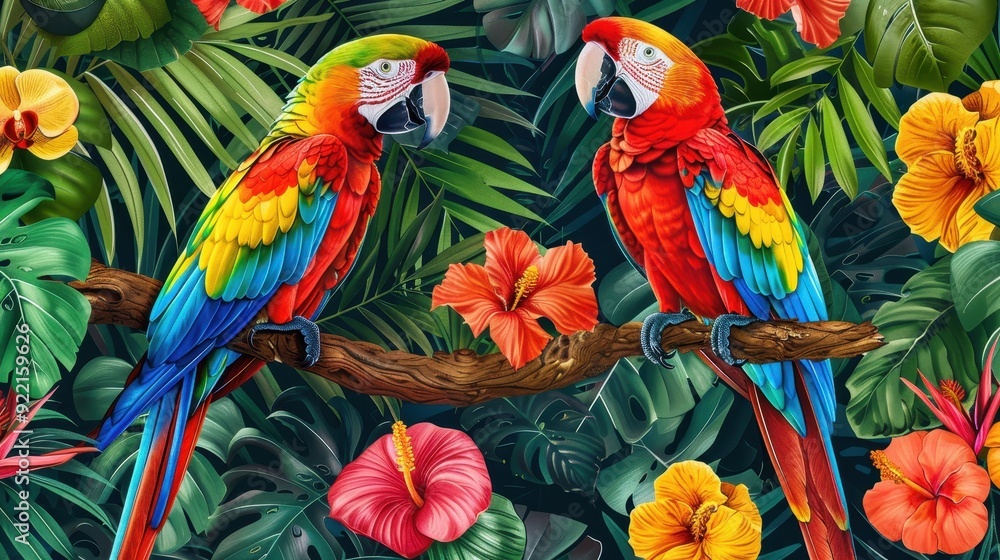 Fototapeta premium Colorful macaws sit on a branch amidst bright hibiscus flowers and dense foliage