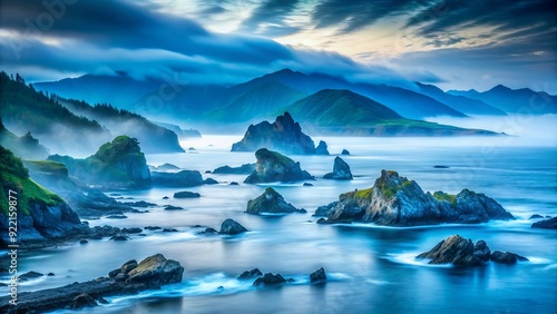 Misty Marine Sanctuary: Coastal hues, atmospheric fog, serene, ethereal, geometric