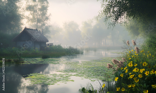 A serene morning mist over a tranquil pond. Serene Morning Reflections