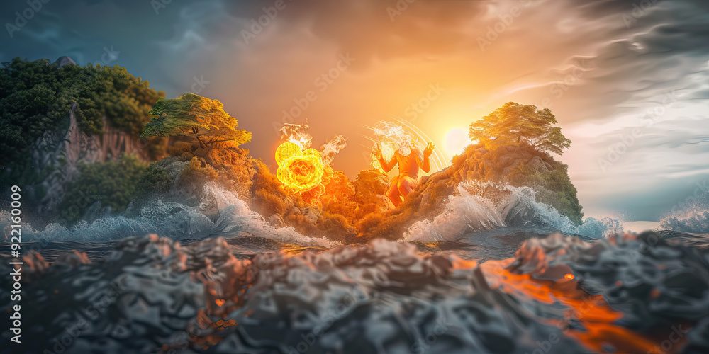 The four elements of nature in a breathtaking creative design. All four elements forming a circular shape. Earth, wind, fire, air, water The four elements of nature in a breathtaking creative design. All four elements forming a circular shape. Earth, wind, fire, air, water