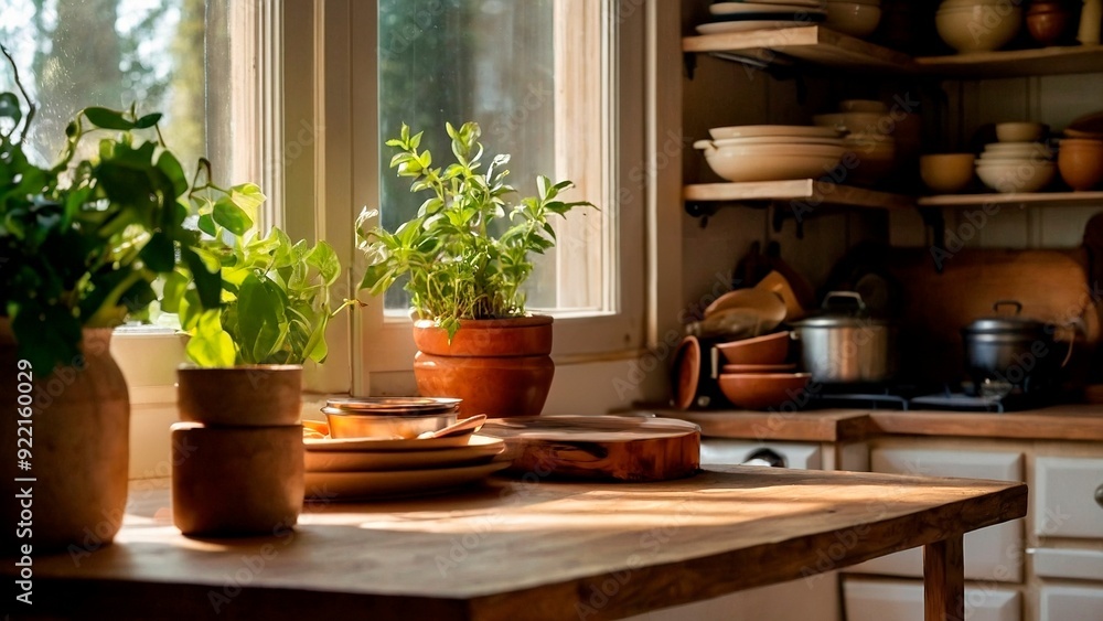 Empty wooden kitchen table for mockups. Lifestyle cozy rustic bright exposition exhibit template. Unoccupied wooden surface cooking table with blurry kitchen interior in the background.