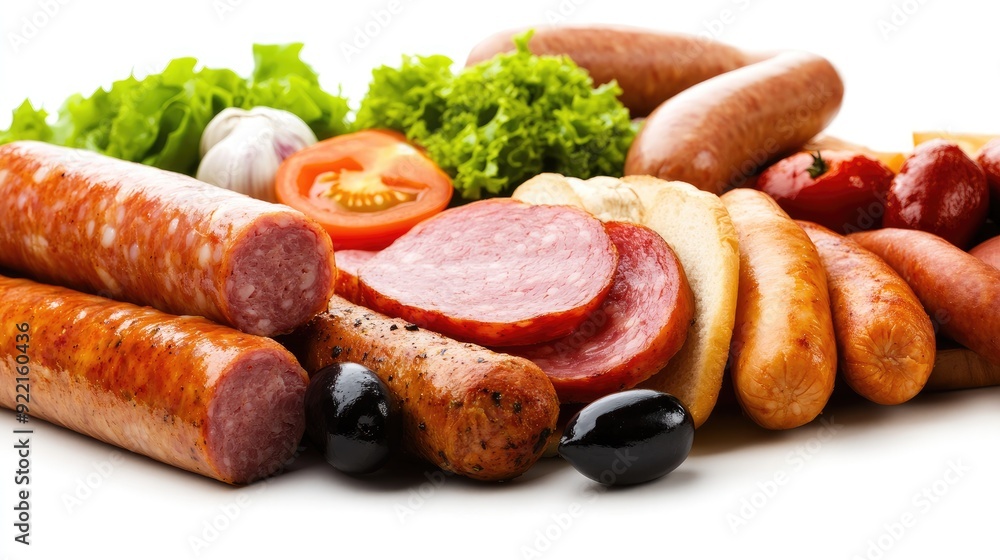 A vibrant display of assorted sausage, ham, and fresh salad arranged neatly on a wooden board, emphasizing colors and textures A vibrant display of assorted sausage, ham, and fresh salad arranged neatly on a wooden board, emphasizing colors and textures