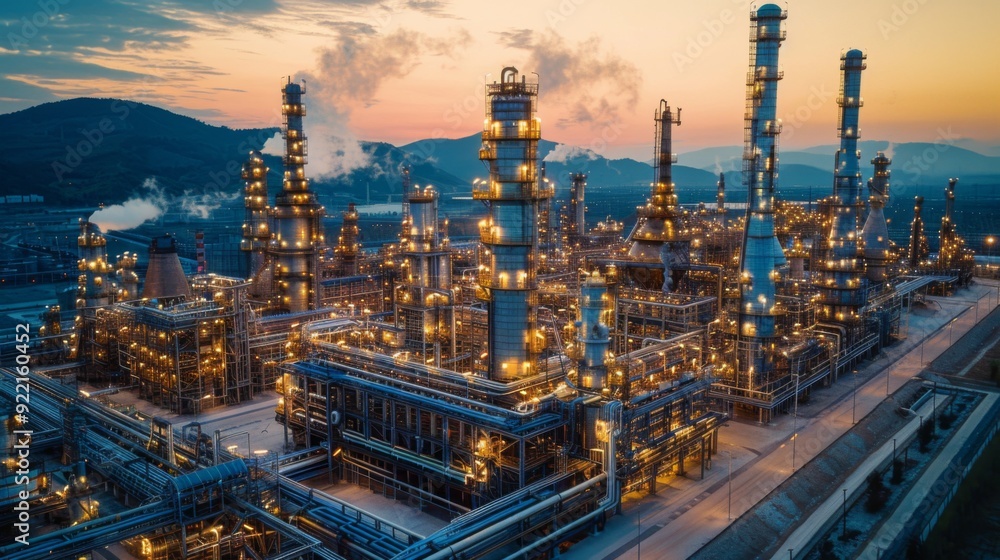 Fototapeta premium Aerial view of a petrochemical oil and gas industry plant with white tanks for fuel storage at dusk in an industrial area on a river bank, photo with soft light.