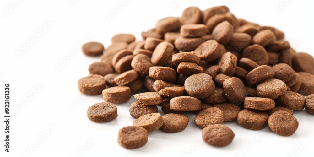 Fototapeta premium A pile of dog food is shown in a close up. The dog food is brown and he is in the shape of a ball