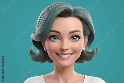Smiling cartoon woman with blue eyes and short gray hair.