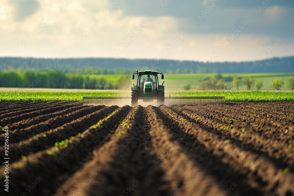 Tractor plowing a field at sunset in a rural landscape Tractor plowing a field at sunset in a rural landscape