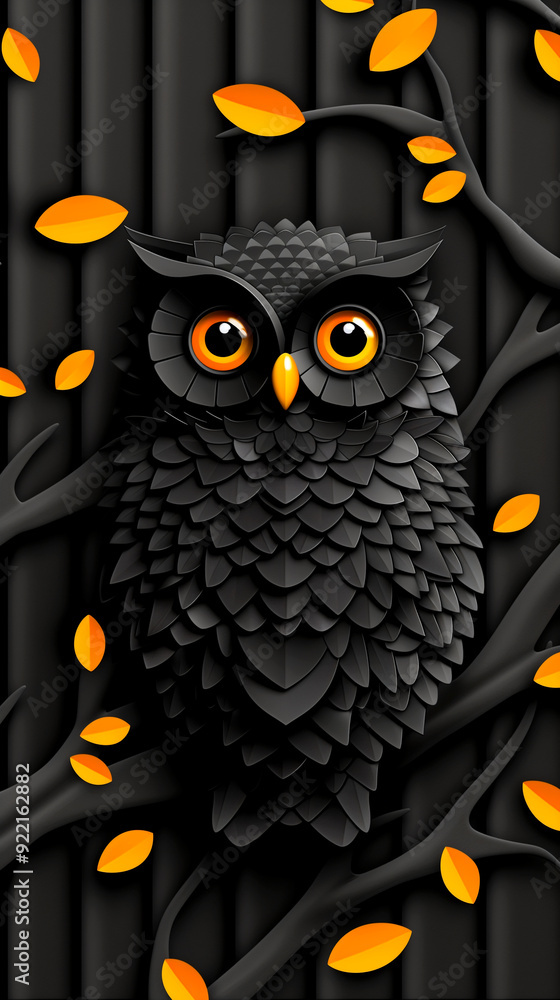 Fototapeta premium A black owl with orange eyes is perched on a tree branch. The owl is surrounded by orange leaves, which adds a warm and cozy atmosphere to the image. The combination of the owl's dark color