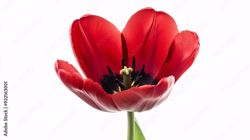 A brilliant red tulip standing tall with its cup-shaped bloom opening slightly to reveal the dark stamens inside. The petals are smooth and velvety, curving gracefully at the edges. The long green A brilliant red tulip standing tall with its cup-shaped bloom opening slightly to reveal the dark stamens inside. The petals are smooth and velvety, curving gracefully at the edges. The long green