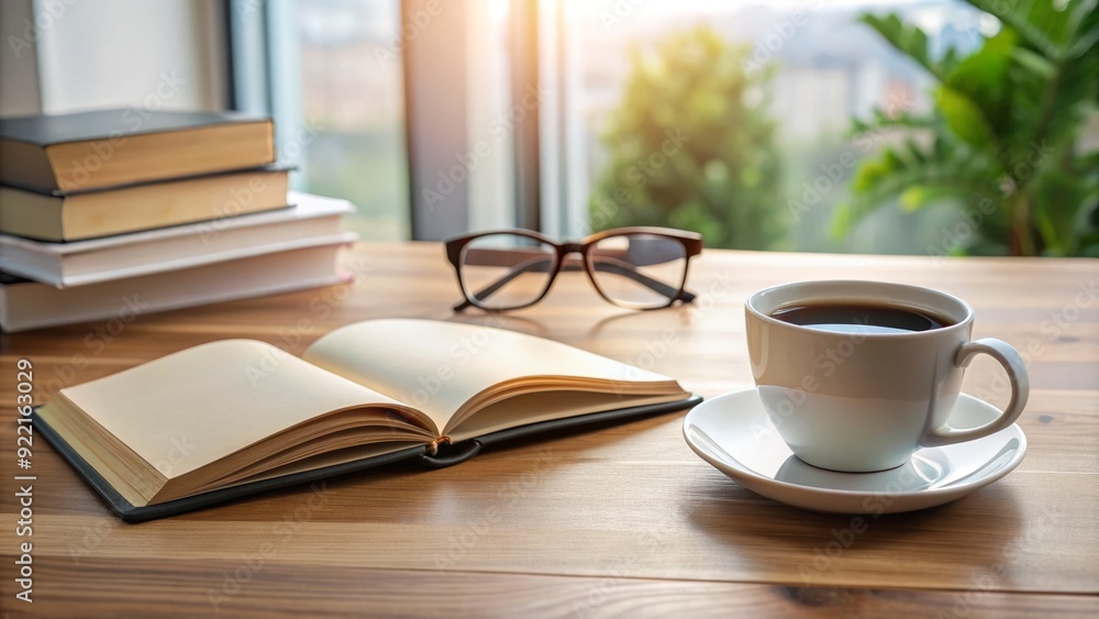 Modern minimalist desk with a free book mockup and a pair of glasses lying open, surrounded by scattered papers and a warm cup of coffee. Modern minimalist desk with a free book mockup and a pair of glasses lying open, surrounded by scattered papers and a warm cup of coffee.
