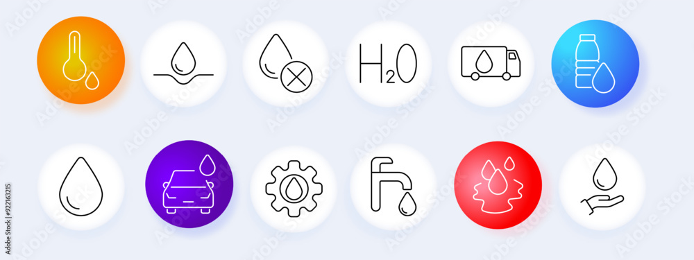 Water set icon. Drop, H2O, thermometer, bottle, faucet, hand, car, gear, analysis, transport, liquid, purification, vector, graphic, illustration. Water set icon. Drop, H2O, thermometer, bottle, faucet, hand, car, gear, analysis, transport, liquid, purification, vector, graphic, illustration.
