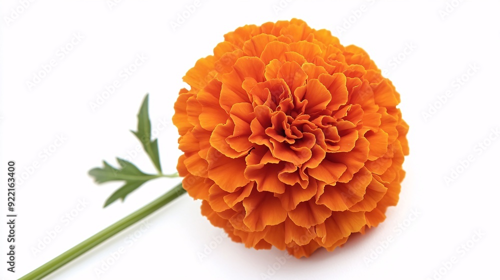 A bright orange marigold with densely packed petals forming a rounded, pom-pom-like bloom. The petals are slightly curled at the edges, adding texture to the flower's spherical shape. The green stem A bright orange marigold with densely packed petals forming a rounded, pom-pom-like bloom. The petals are slightly curled at the edges, adding texture to the flower's spherical shape. The green stem