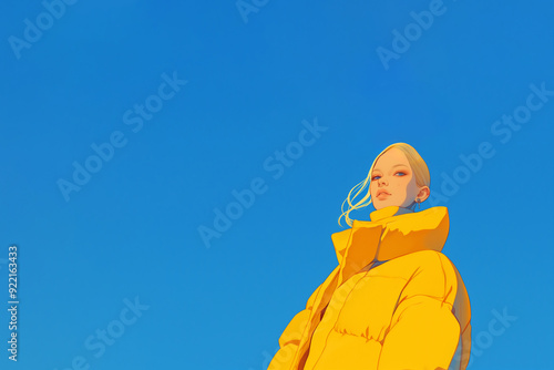 Portrait stylisé d'une femme suédoise, blonde au cheveux attachés en queue de cheval, portant une doudoune jaune éclatant, sous un ciel bleu vif, copyspace, espace négatif, 