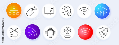 Network set icon. Hierarchy, mouse, monitor, Wi-Fi, cloud, upload, camera, shield, security, signal, vector, graphic, icon.