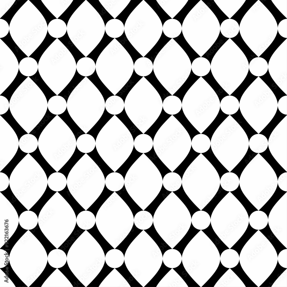 Naklejka premium Seamless black and white geometric pattern, consisting of curves and circle shapes. Suitable for graphic design, textiles, prints, wallpapers, backgrounds, etc.