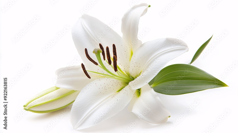 Obraz premium A single white lily with large, trumpet-shaped petals and a prominent central stamen. The petals are smooth and slightly curved, creating a graceful, elegant silhouette. The green stem is sturdy,