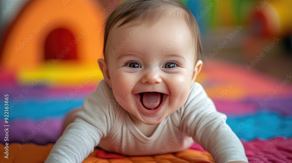 A baby playing on a mat, bright eyes and a wide grin, showcasing the happiness and energy of infancy, colorful background. A baby playing on a mat, bright eyes and a wide grin, showcasing the happiness and energy of infancy, colorful background.