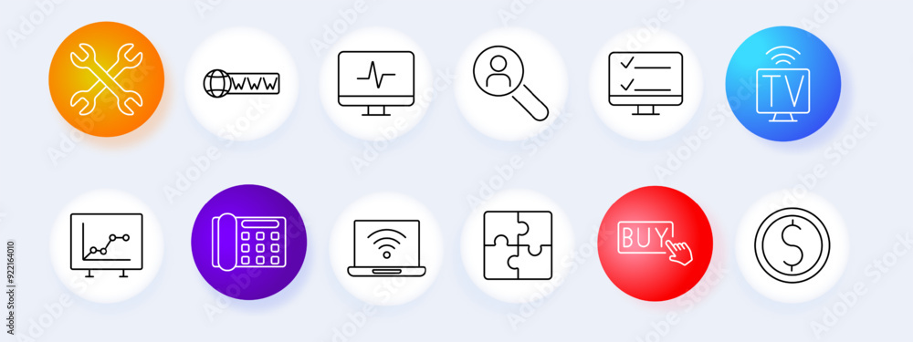 Business technology set icon. Tools, internet, monitor, user, analytics, TV, phone, laptop, shopping, vector, graphic, settings. Business technology set icon. Tools, internet, monitor, user, analytics, TV, phone, laptop, shopping, vector, graphic, settings.