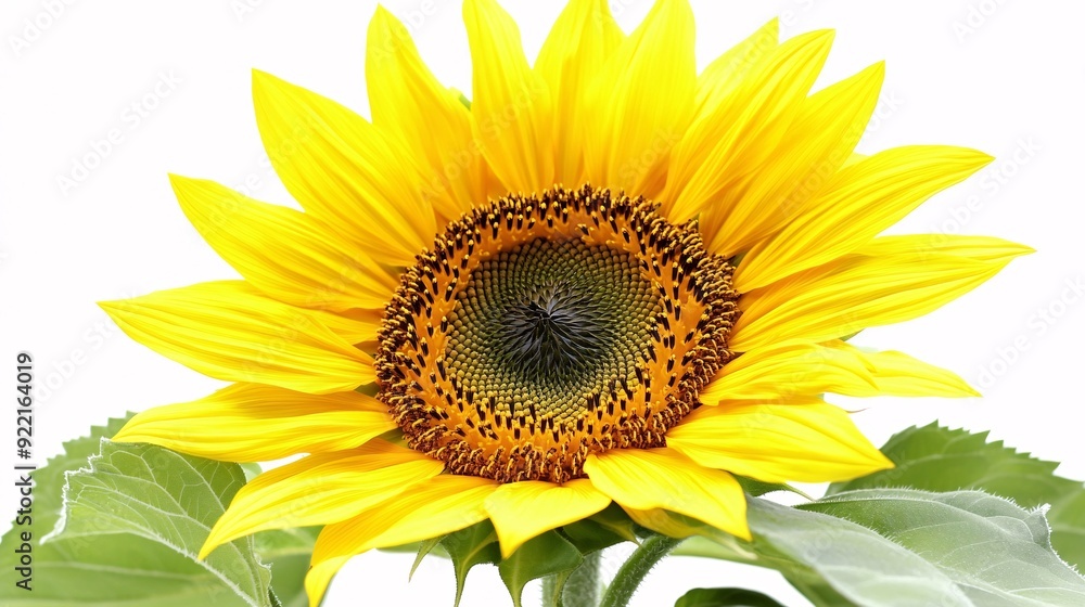 Naklejka premium A bright yellow sunflower with large, round petals radiating from a dark, textured center. The green stem is thick and sturdy, with a few large leaves visible. The sunflower is isolated on a white