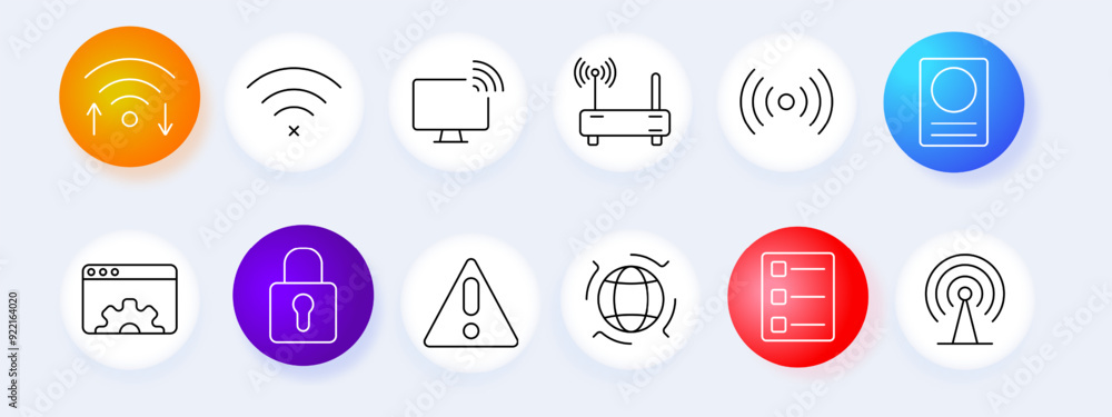 Wireless network set icon. Wi-Fi signal, router, connection, internet, security, settings, analysis, vector, graphic, technology. Wireless network set icon. Wi-Fi signal, router, connection, internet, security, settings, analysis, vector, graphic, technology.