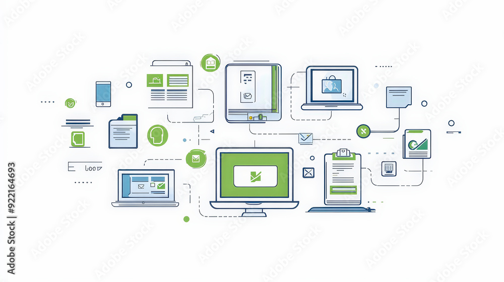 e-documents : Showcasing interconnected devices?laptops, tablets, phones?representing online collaboration, file sharing, and communication with icons for emails, cloud services, and documents. e-documents : Showcasing interconnected devices?laptops, tablets, phones?representing online collaboration, file sharing, and communication with icons for emails, cloud services, and documents.