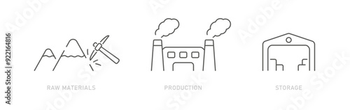 A set of icons including mining, processing at the factory, storage in the warehouse of finished products
